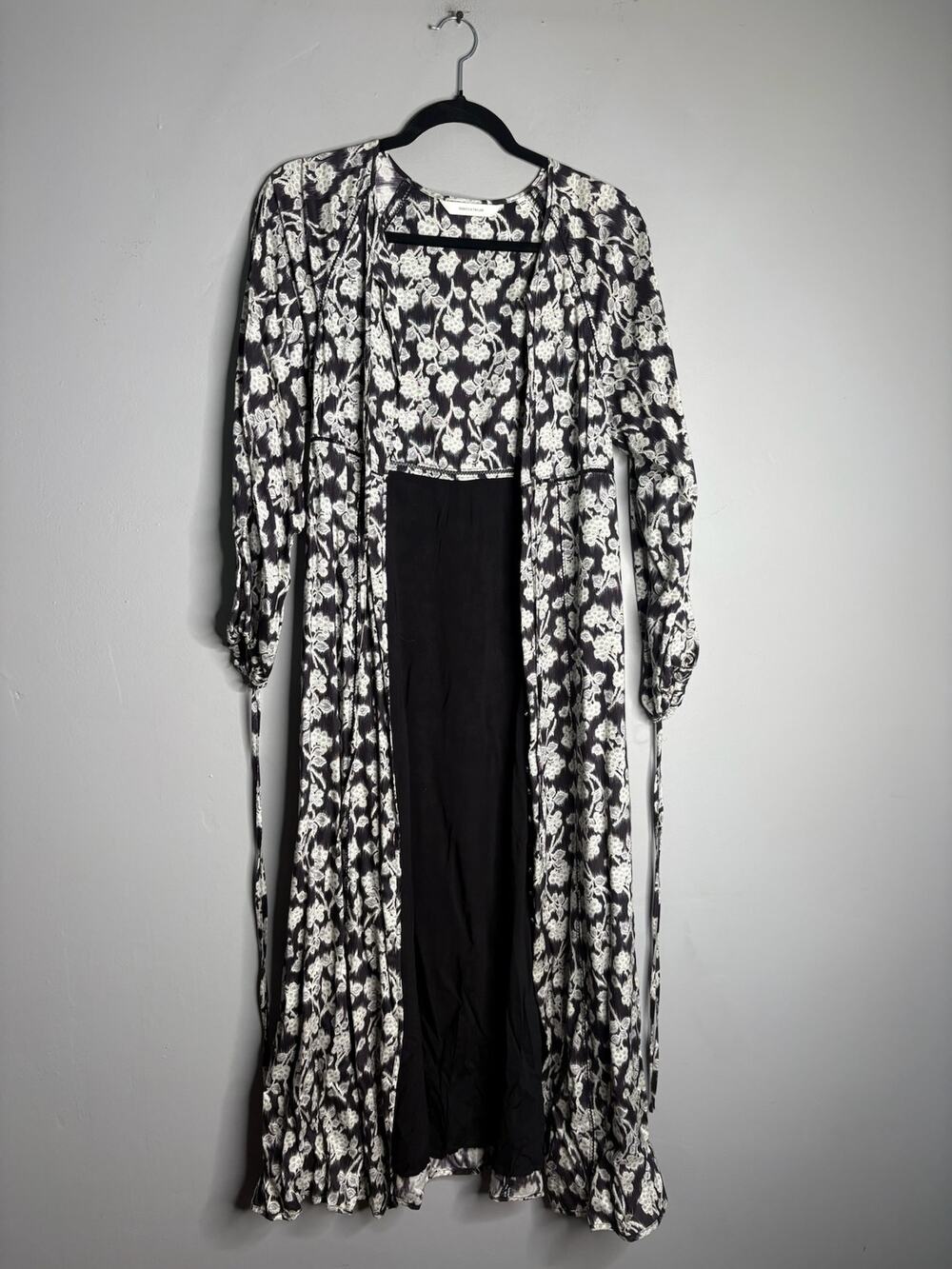 Rebecca Taylor Size 4 Open Front Black White Floral Tie Kimono Duster Cardigan